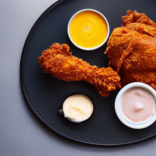 Image similar to large plate of delicious greasy fried chicken, with a side of dipping sauces, realistic advertising photography, 4K resolution, spot lighting