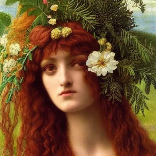 Prompt: Beautiful Pre-Raphaelite goddess of nature in the style of John William Godward, close-up portrait, in focus, flowers and plants, etheric, moody, intricate, mystical,