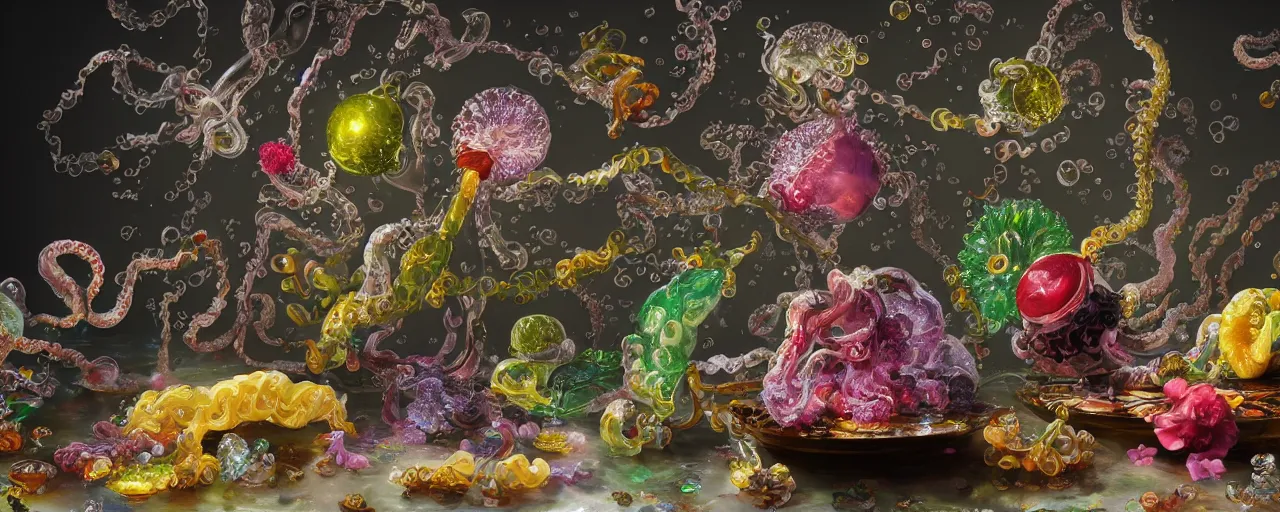 Image similar to ultradetailed photorealistic still life with jelly flowers by ernst haeckel, jan brueghel, james jean and murakami takashi, slime and tentacles, wide angle, minimalistic cinematic composition, octane render, bokeh, unreal engine, 4k, 3d render