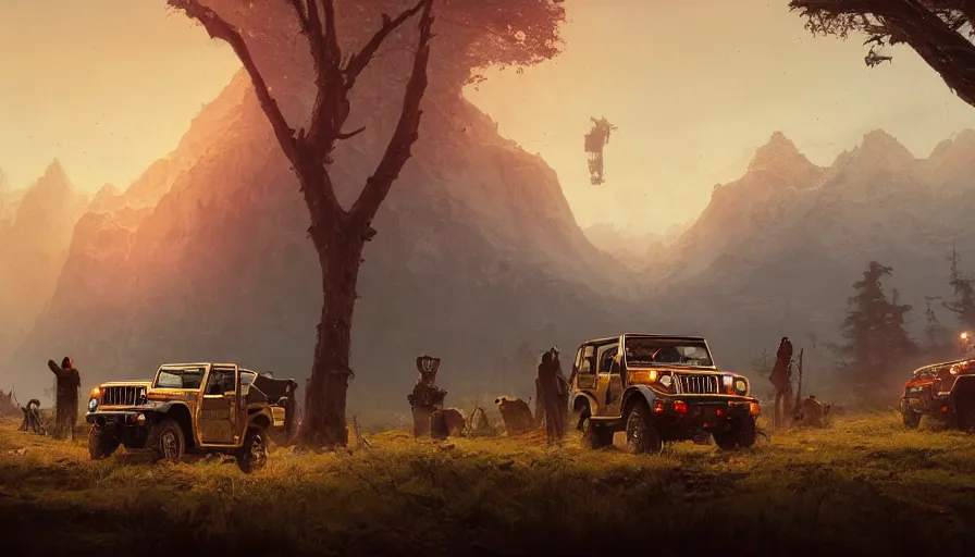 Image similar to Mahindra thar, tribe members watching nearby, an epic fantasy, dramatic lighting, cinematic, establishing shot, extremely high detail, photorealistic, cinematic lighting, artstation, by simon stalenhag, horizon forbidden west