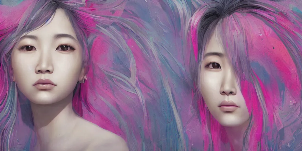 Image similar to a portrait of a very beautiful young asian goddess with pink and grey hair radiating an artwork made of swirling paint and impasto by wlop and botticelli, background is multicoloured volumetric displacement, hyperrealism, subsurface scattering, arnold render, noise to volume, 8 k, houdini, xparticles