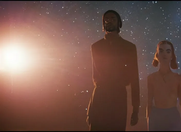 Image similar to first official image from paul thomas anderson's new space opera film starring lakeith stanfield and grimes. shot on alexa mini, stunning cinematography, filmgrain, kodak vision 2 0 0 t, shot composition