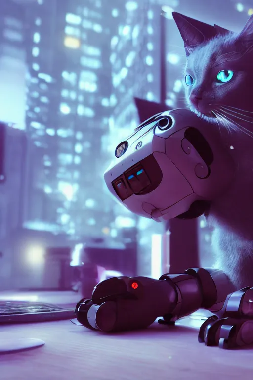 Prompt: robotic cat with a computer mouse in his mouth. cinematic, cyberpunk, digital art, blender, octane render, volumetric lighting, 8 k, detailed, trending on artstation