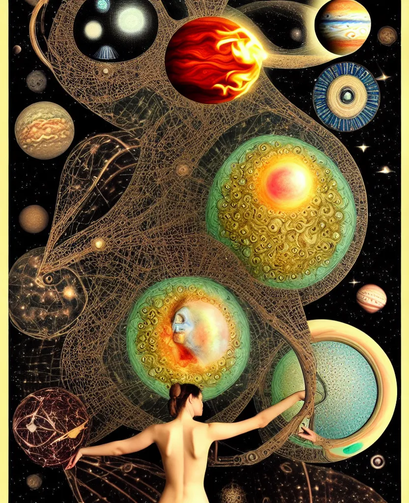 Image similar to inside the universe of a human body soul, whimsical uncanny creature alchemizes unique canto about'as above so below'being ignited by the spirit of haeckel and robert fludd, breakthrough is iminent, glory be to the magic within, to honor jupiter, surreal collage by ronny khalil