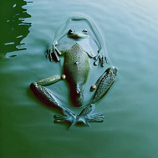 Image similar to “semitranslucent smiling frog amphibian floating over misty lake waters in Jesus Christ pose, low angle, long cinematic shot by Andrei Tarkovsky, paranormal, spiritual, mystical”