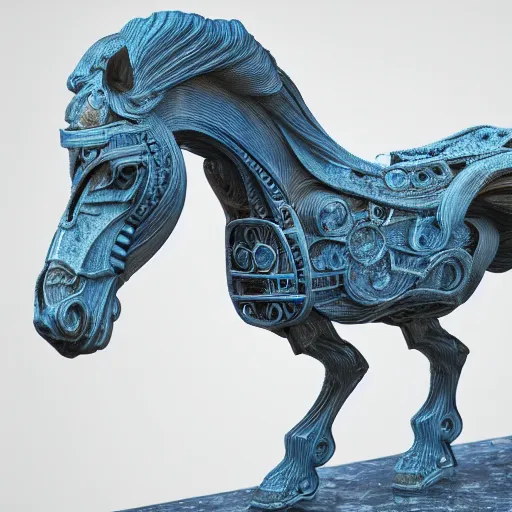 Prompt: biomechanical horse made of marble and crystal, fractal 3 d structure, intricate details, octane render, soft lighting