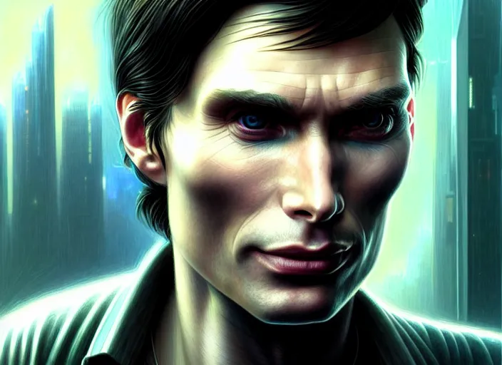 Image similar to portrait shot of cillian murphy in cyberpunk 2 0 7 7, intricate, elegant, highly detailed, centered, digital painting, artstation, concept art, smooth, sharp focus, illustration, artgerm, tomasz alen kopera, peter mohrbacher, donato giancola, joseph christian leyendecker, wlop, boris vallejo