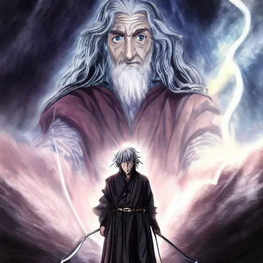 Image similar to anime key visual of the lord of the rings, gandalf, frodo, aragorn, acrylic painting, cinematic, dramatic lighting, aesthetically pleasing, anatomically correct