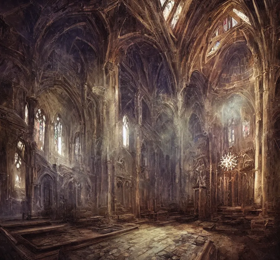 Prompt: inside old church with sage mage casting pentagram spell, dark colors, acrilic paint, brush paint, heavenly atmosphere, paint, ultra detailed, beautiful image, resolution, artstation