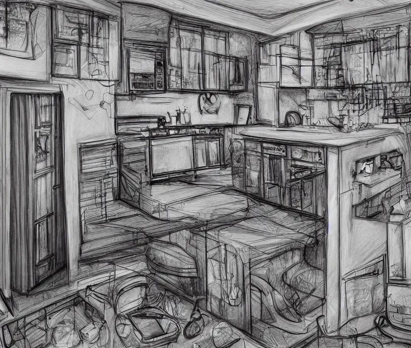 Image similar to An of interior of a kitchen at night, rotoscoped, rotoscope, photoshop, photomanipulation, realism, painting, illustration and sketch, weird scribbles, hybrid styles, hybrid art styles, mismatched, trending on artstation, trending on deviantart, weird, quirky, interesting, very detailed, highly detailed, HD Quality, 4k resolution, 8k resolution, in the style of David Firth, in the style of James Lee, in the style of Drue Langlois,