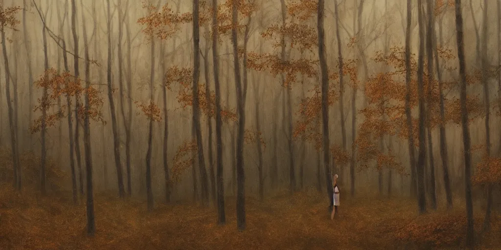 Prompt: a girl in an autumn forest, by Aron Wiesenfeld, wolf, cinematic, detailed illustration, nature, fog, dark colors, suspense, intricate, 8k