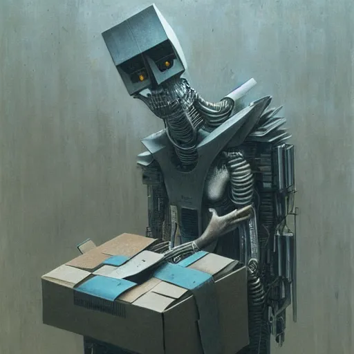 Prompt: A cyborg holding a cardboard box full of desk items at a desk by Beksinski