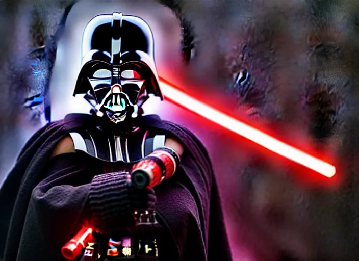 Image similar to hyperrealistic mixed media fine art painting of darth vader with red lightsaber drawn about to battle a cute baby, stunning 3d render inspired art by WLOP and Artgerm and Greg Rutkowski and Alphonse Mucha + perfect facial symmetry + dim volumetric lighting, 8k octane beautifully detailed render, post-processing, extremely hyperdetailed, epic composition, grim yet sparkling atmosphere, cinematic lighting + masterpiece, trending on artstation