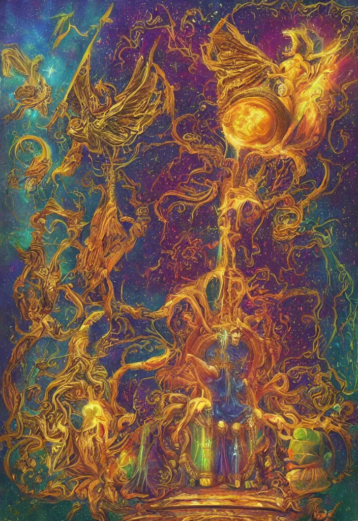 Prompt: terrible throne of the gnostic lunar mythos, award winning oil painting, iridescent color palette