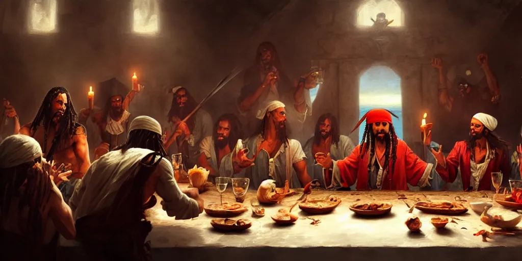 Image similar to pirate of the carribean last supper by greg rutkowski, digital painting, trending on artstation, sharp focus, 4 k