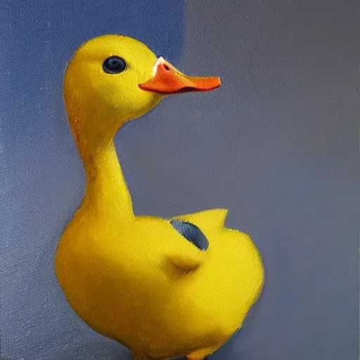 Image similar to yellow duck standing and holding a knife, oil painting