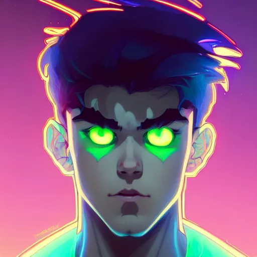 Image similar to a face portrait character design by artgerm, cushart krenz, greg rutkowski ross tran alphonse mucha. young danny phantom!! glowing green eyes!! bold outline sharp edges. ultra clear detailed. 8 k. elegant, neon colors, symmetry, intricate complexity, epic composition, magical atmosphere, cinematic lighting masterpiece trending on artstation 8 k octane.