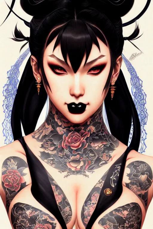 Image similar to portrait of goth Chun Li with yakuza tattoos, Street fighter, intricate, elegant, highly detailed, digital painting, artstation, concept art, smooth, sharp focus, illustration, art by artgerm and greg rutkowski and alphonse mucha