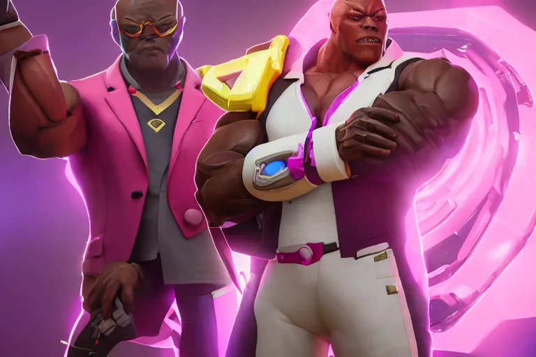 Image similar to doomfist, pink blazer, overwatch game, digital art, high detailed, unreal engine, artstation, 3 d render