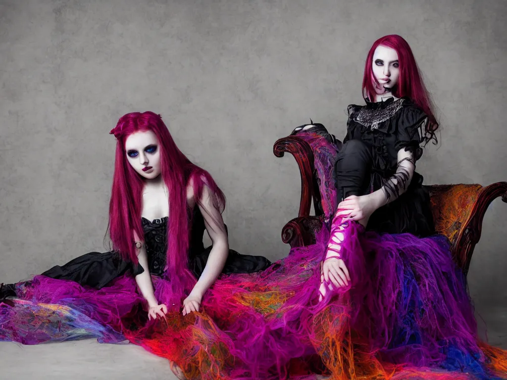 Prompt: full - length photo, young woman, sitting on chair, gothic clothes, 4 k, colourful