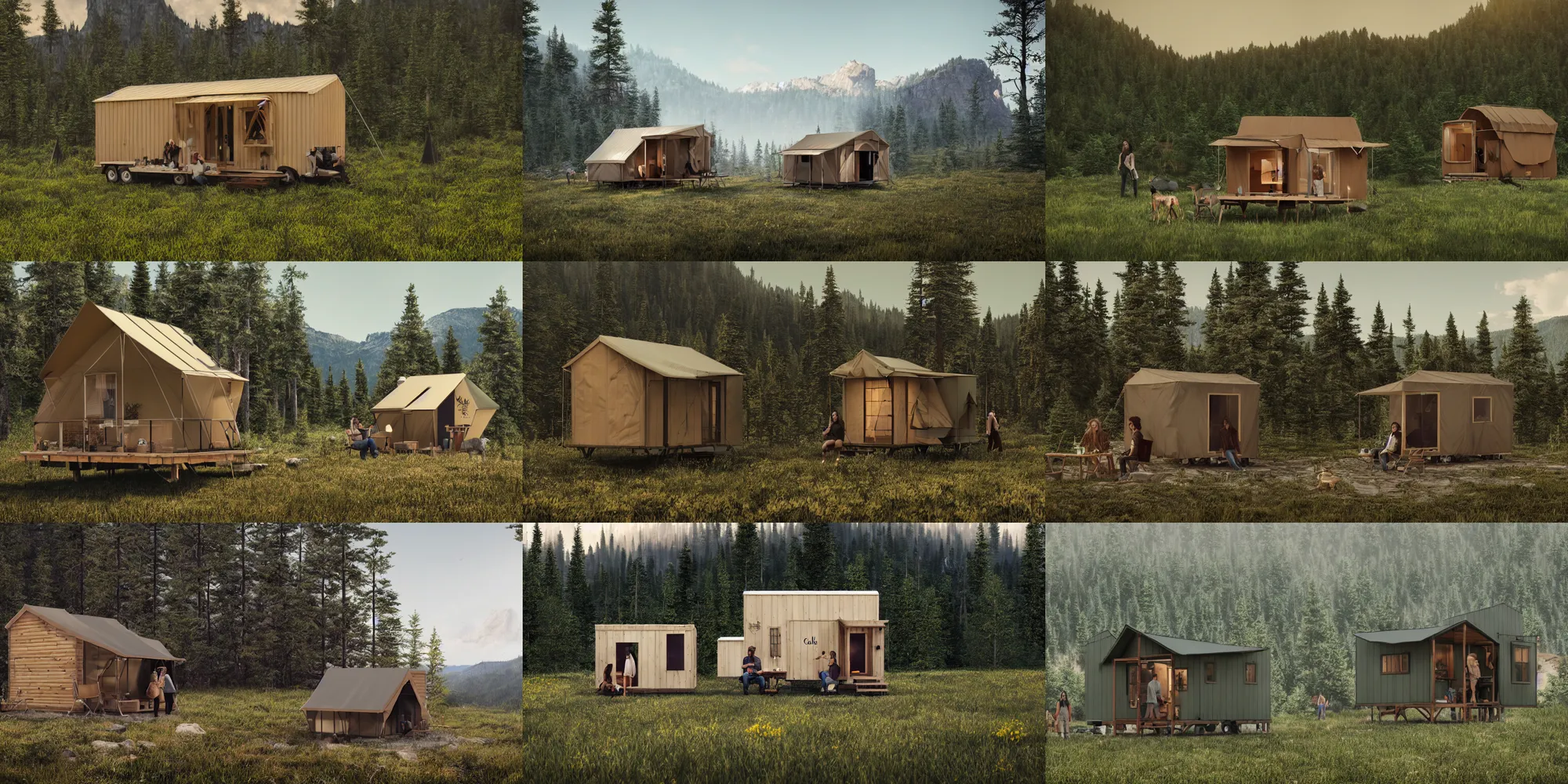 Prompt: cabela's outdoors popup micro - compact modular home, quick assembly, utilitarian, glamping, airbnb, temporary emergency shelter, person in foreground, cliffside mountainous forested wilderness open fields, beautiful views, photorealistic, advertising photography, sharp focus, joanna gaines, farmhouse, magnolia, architectural photography, unreal engine 5, octane render