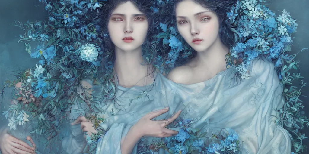 Image similar to breathtaking detailed concept art painting portrait of two hugs goddess of light blue flowers, carroty hair, orthodox saint, with anxious piercing eyes, ornate background, amalgamation of leaves and flowers, by hsiao - ron cheng, extremely moody lighting, 8 k