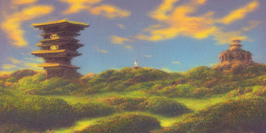 Image similar to “ a landscape pastel in the style of noriyoshi ohrai of an ancient holy tower, it has iridescent mana radiating from it. it is centered. the background is the sky at night. retrofuturistic fantasy ”