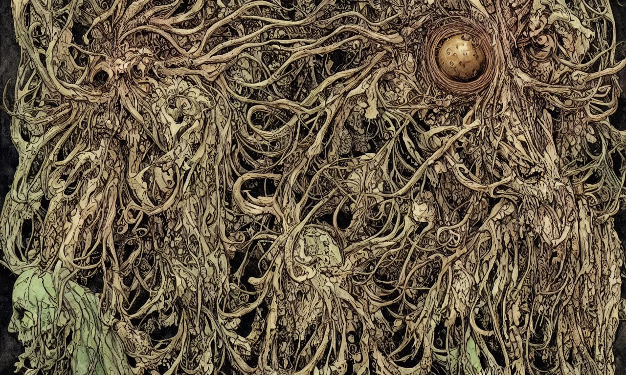 Image similar to hyperdetailed art nouveau portrait of treebeard as a cthulhu eyeball skull wendigo cryptid, by geof darrow, simon bisley and bill sienkiewicz, grim yet sparkling atmosphere, photorealism, claws, skeleton, antlers, fangs, forest, wild, crazy, horror, lynn varley, lovern kindzierski, steve oliff