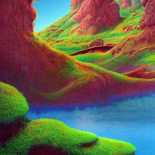 Prompt: digital painting of a lush natural scene on an alien planet by moebius. ultra sharp high quality digital render. detailed. beautiful landscape. colourful weird vegetation. cliffs and water.