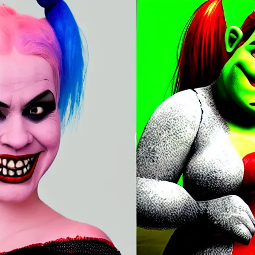 Image similar to Shrek as real-life Harley Quinn, cinematic, Wide-shot, atmospheric lighting, extreme detail, 8K, movie still