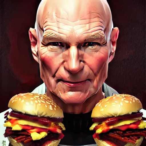 Prompt: Captain Picard eating big macs, dripping BBQ Sauce, serving happy meals, D&D, spilling ketchup, fantasy, intricate, elegant, highly detailed, digital painting, artstation, concept art, matte, sharp focus, illustration, hearthstone, art by Artgerm and Greg Rutkowski and Alphonse Mucha