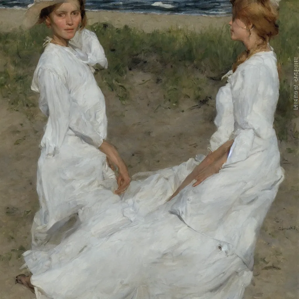 Prompt: portrait of a woman with a white dress on the beach by anders zorn