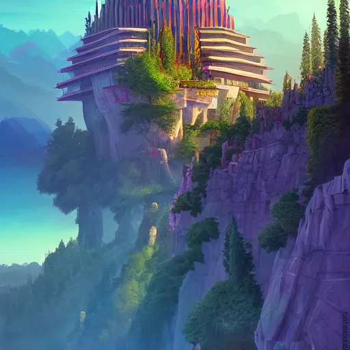 Image similar to futuristic temple on a cliff, big green trees, colorful clouds, dramatic lighting, artstation, matte painting, raphael lacoste, simon stalenhag, frank lloyd wright