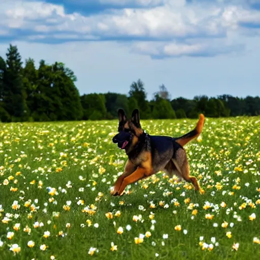 Prompt: German shepherd dog chasing a bunny in a field with daisies, trees in the distance with sun blue skies a couple of clouds