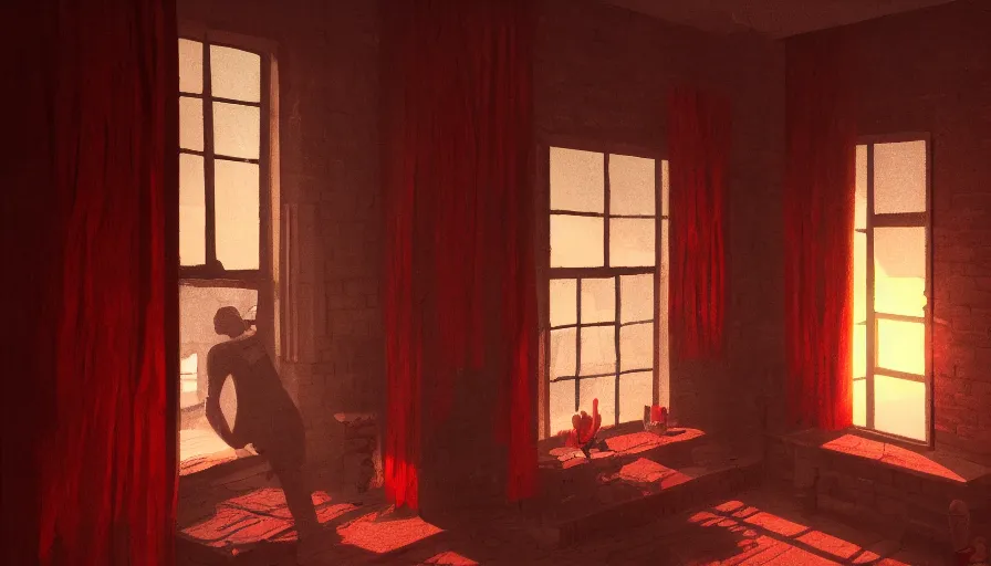 Image similar to old brick house, bright red light through the windows, black curtains, fireplace, old man watching through windows, hyperdetailed, artstation, cgsociety, 8 k