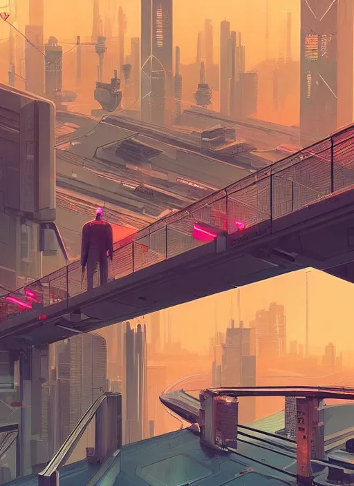 Prompt: a man standing on top of a bridge over a city, cyberpunk art by james gilleard, cgsociety, retrofuturism, synthwave, cityscape, 2 d game art