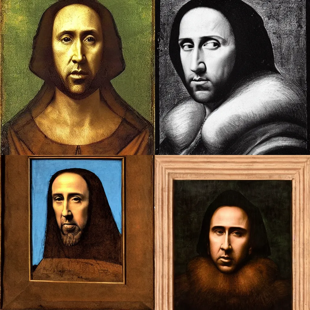 Prompt: Nicolas Cage in a portrait by Leonardo Da Vinci