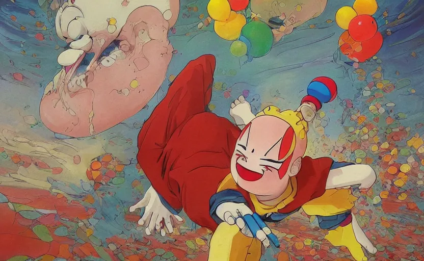 Prompt: the silly clown awoke from its slumber beneath the bed frame, digital painting masterpiece, haunting beautiful brush strokes, painted by Moebius and Hayao Miyazaki and Akira Toriyama