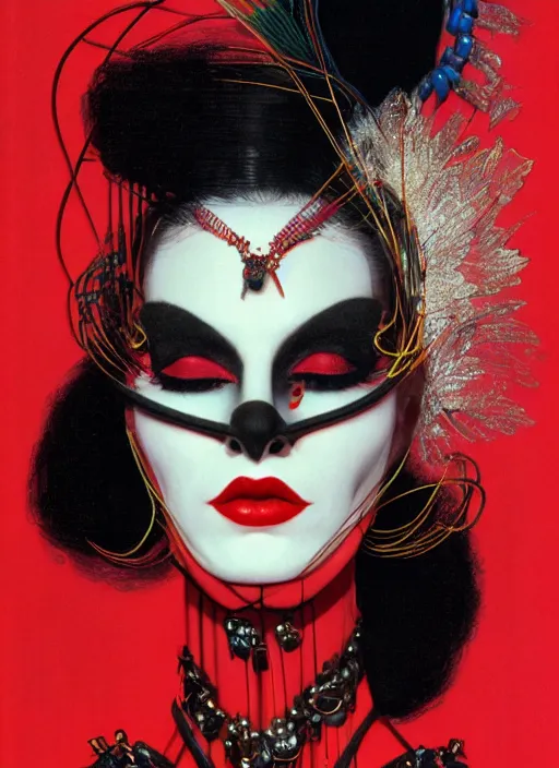 Image similar to an 8 0 s portrait of a woman with dark eye - shadow and red lips with dark slicked back hair, a mask made of wire and beads, dreaming acid - fueled hallucinations, psychedelic by serge lutens, rolf armstrong, delphin enjolras, peter elson, red cloth background, frilled blooming collar