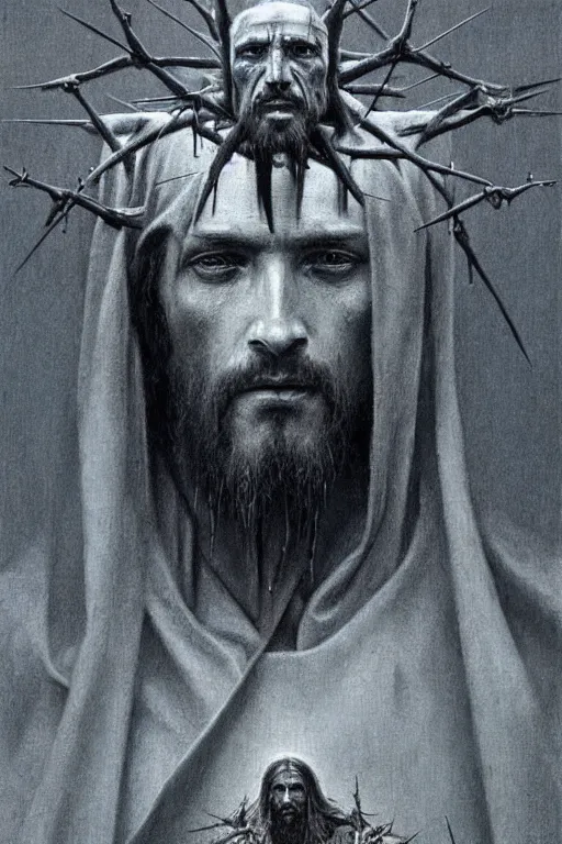 Image similar to portrait of Jesus Christ in hood and crown of thorns, dark fantasy, Warhammer, artstation painted by Zdislav Beksinski and Wayne Barlowe