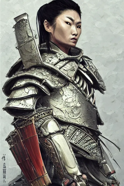 Image similar to a professional painting of a fierce Japanese samurai warrior, in full body armor, beautiful bone structure, symmetrical facial features, intricate, elegant, digital painting, concept art, smooth, sharp focus, illustration, from StarCraft by Ruan Jia and Mandy Jurgens and Artgerm and William-Adolphe Bouguerea, epic, stunning, gorgeous, intricate detail, much wow, 4K, masterpiece, trending on artstation