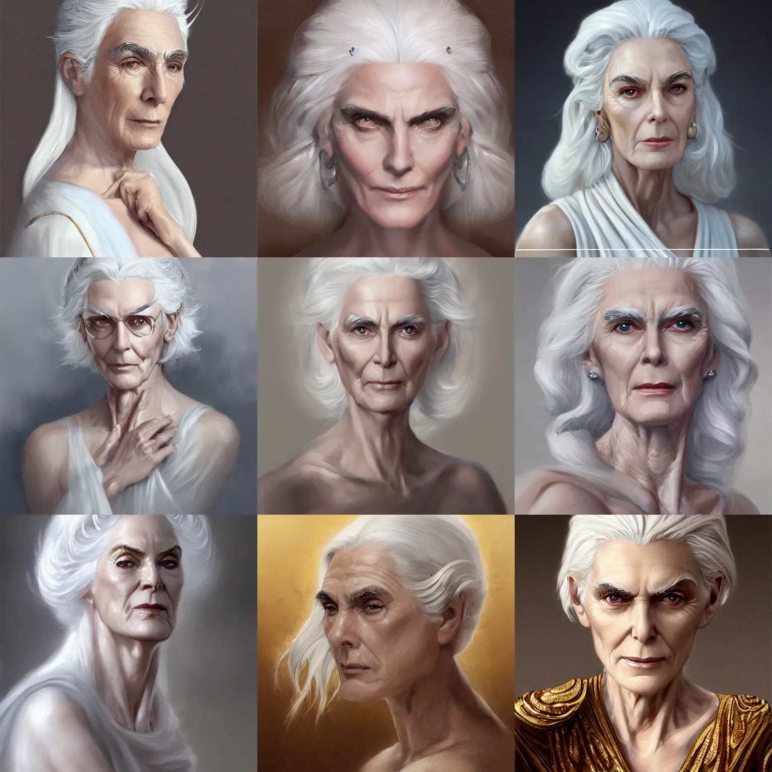 Prompt: elderly greek goddess, white hair, white tunic, carmen dell ’ orefice, regal, art by artgerm and greg rutkowski and magali villeneuve, d & d, fantasy, portrait, highly detailed, digital painting, trending on artstation, concept art, sharp focus, illustration