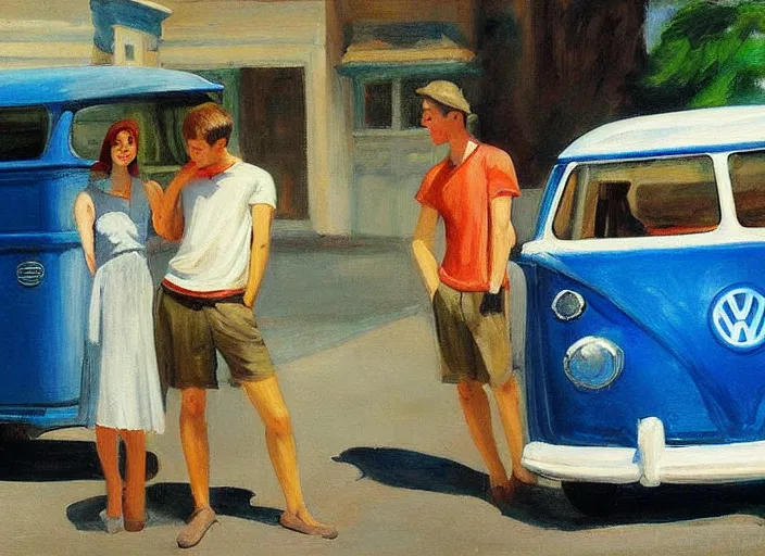 Image similar to detailed painting two young men and women near blue vw bus by edward hopper, bernardo bertolucci dreamers movie scene