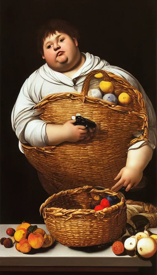 Image similar to hyperrealistic still life painting of a fat young man with a basket of ps4 controllers, by Caravaggio, botanical print