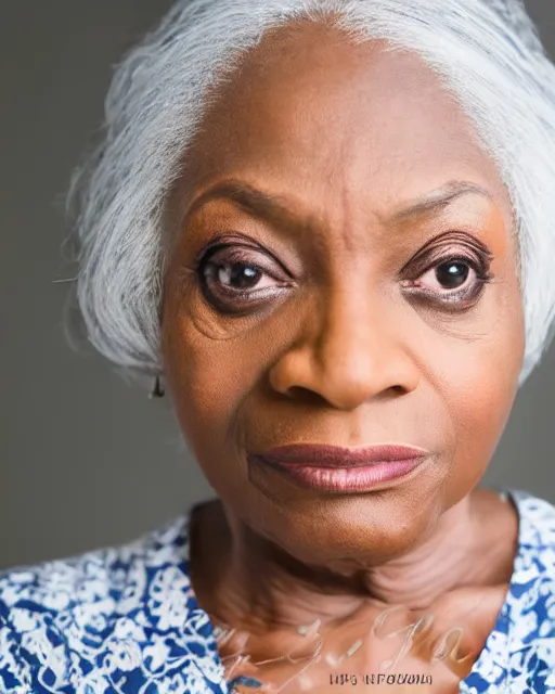 Image similar to A studio photo of Jada Fire as an old woman, 70 years old, bokeh, 90mm, f/1.4