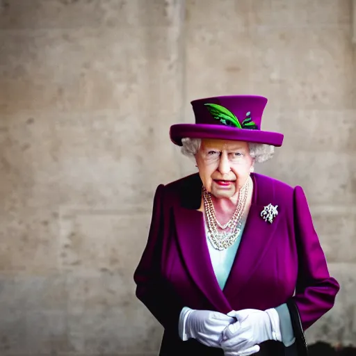 Prompt: queen elizabeth ii as the joker, canon eos r 3, f / 1. 4, iso 2 0 0, 1 / 1 6 0 s, 8 k, raw, unedited, symmetrical balance, in - frame