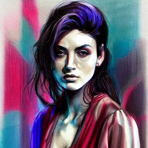 Image similar to bemused to be in jail portrait of an italian actress looking straight on, complex artistic color ink pen sketch illustration, full detail, gentle shadowing, fully immersive reflections and particle effects, concept art by artgerm