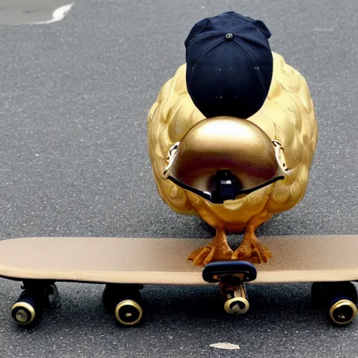 Prompt: a dodo wearing a gold chain around its neck and baseball cap, on a hovering skateboard without wheels, at a skate park near the beach, Saturday Morning cartoon