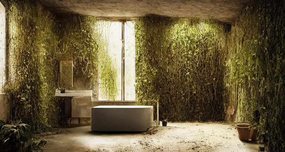 Image similar to IKEA catalogue photo, high end farm house style bathroom, sand piled in corners, dust, organic, vines, overgrown, tropical, by Beksiński