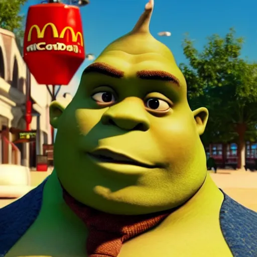 Image similar to fat shrek eating chicken wings outside of mcdonald ’ s in real life, realistic, detailed, 8 k, 4 k uhd, hyper realistic, great detail